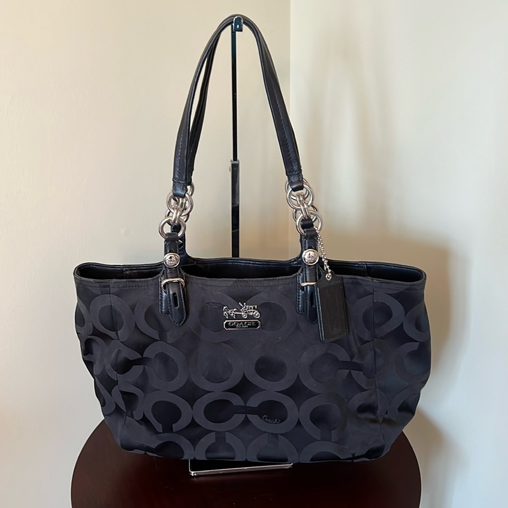 Coach Canvas Leather Mia Op Art Lurex Black Tote Bag
